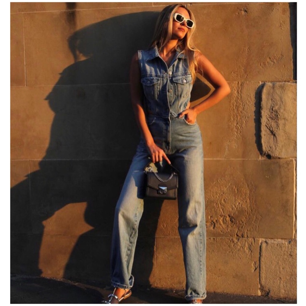 NWT Zara Full Length Cut Out Denim Jumpsuit
